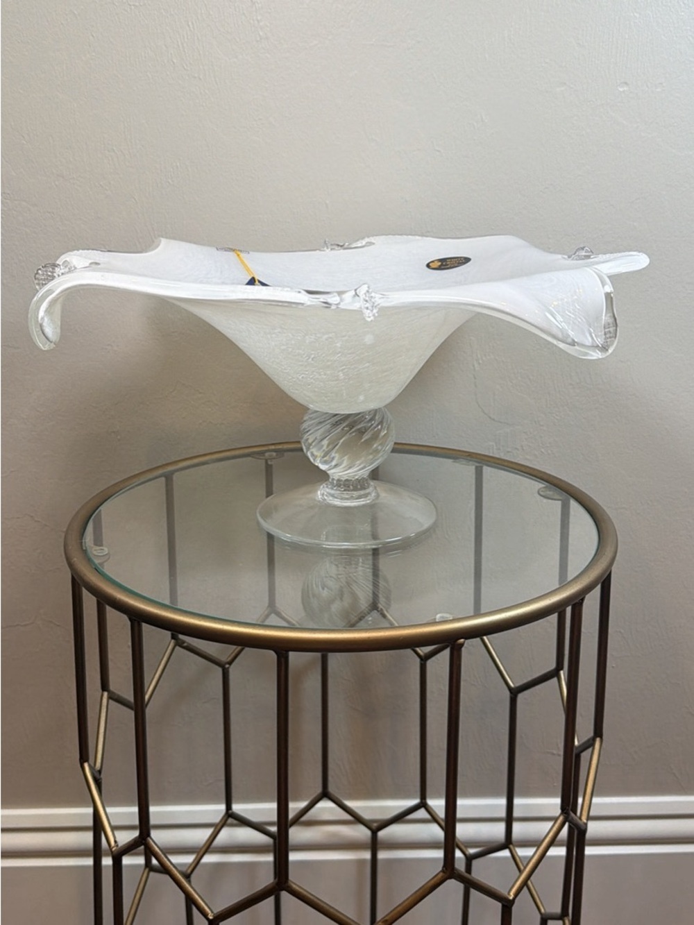 Murano Italy White Crystal Hand Blown Art Glass Centerpiece Bowl 17” Pedestal